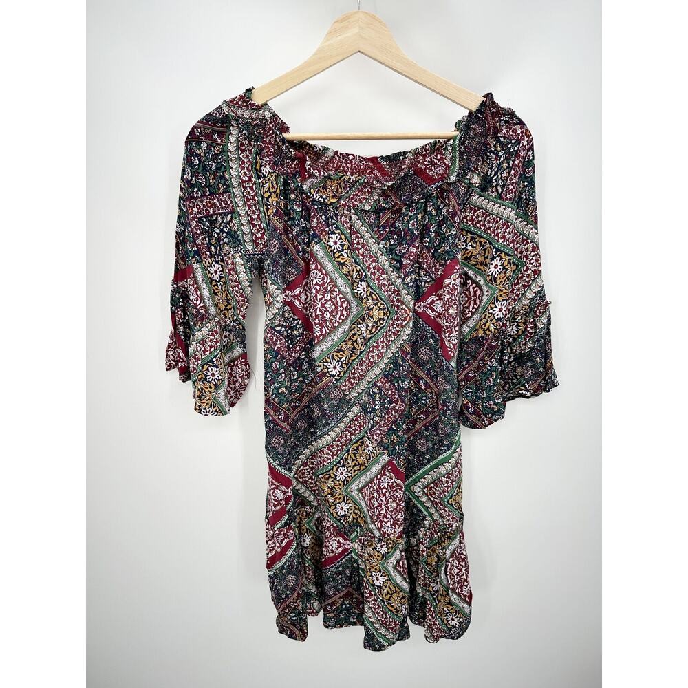 Rose & Grace Boho Patchwork Peasant Dress Rayon Off Shoulder Festival Sz S